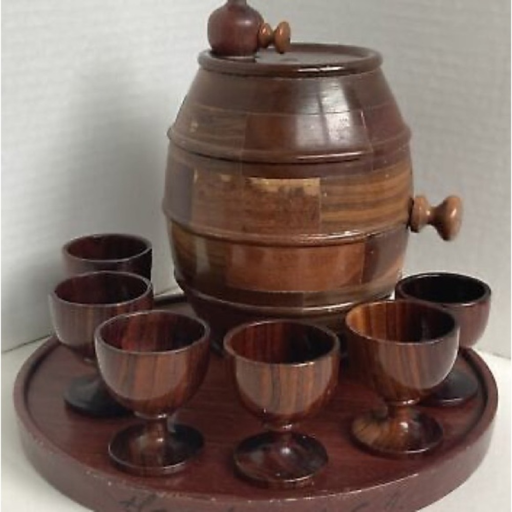 Wooden Barrel Decanter Set with Cups